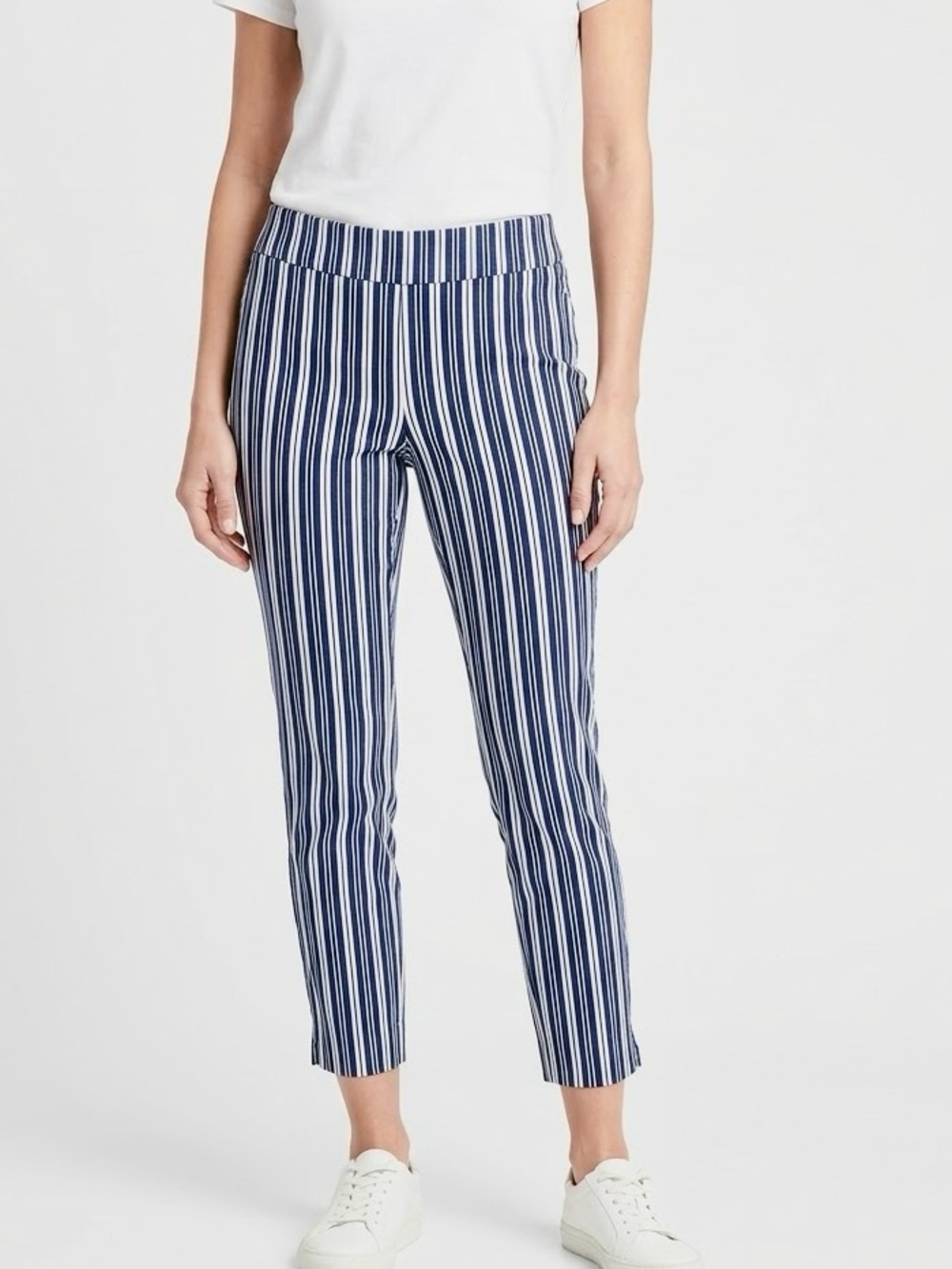 CHICO’S Stretchy Pull-On Navy Blue & White Striped Cropped Ankle Ponte Pants LHP
